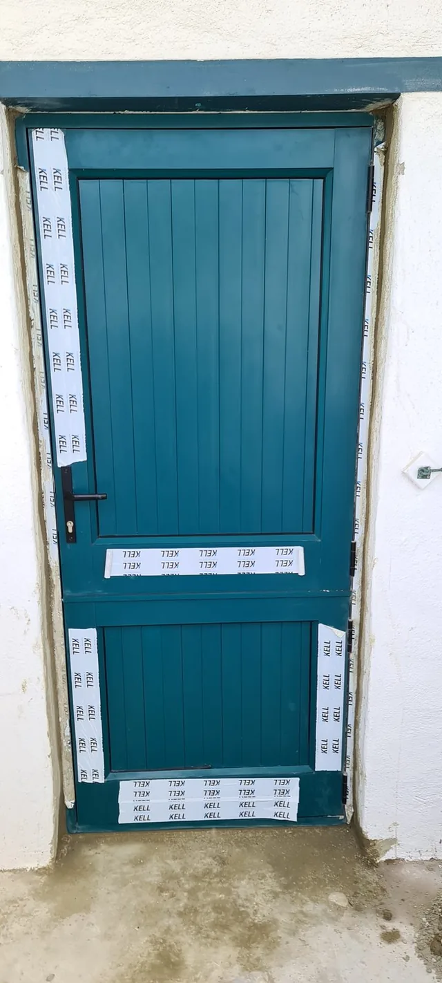 Teal aluminium hinged entrance door